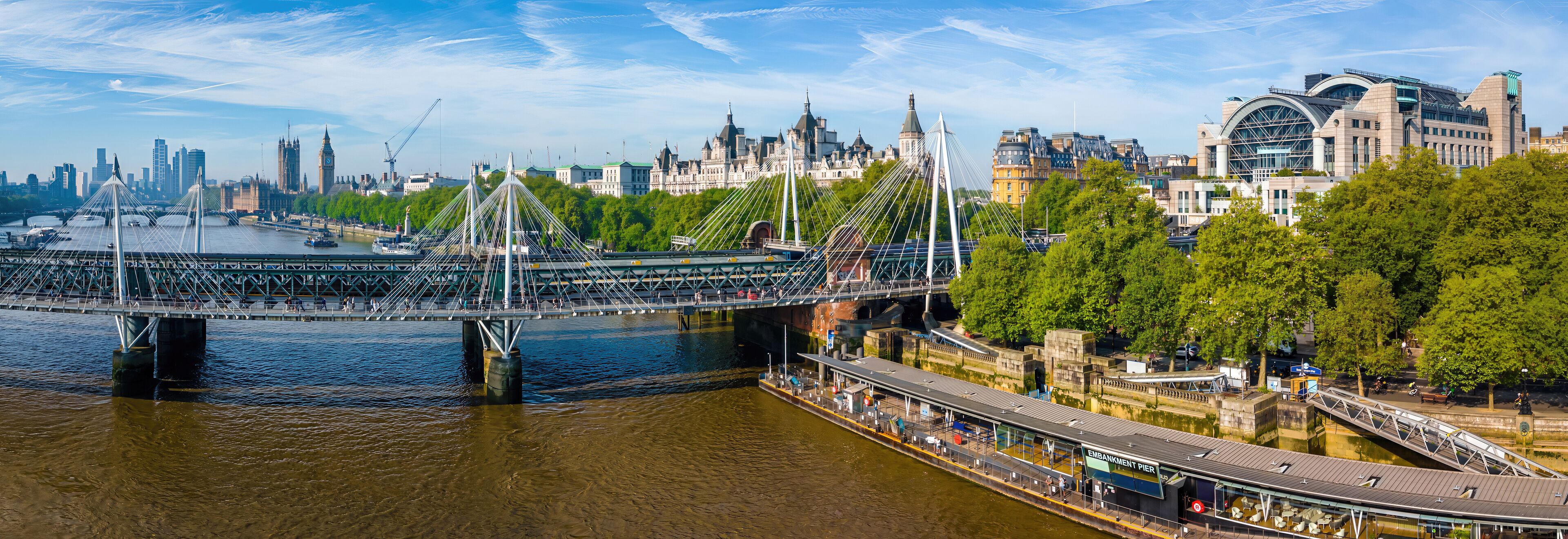 Panoramic aerial view of central London featuring the River Thames, Hungerford Bridge, Charing Cross Station, and iconic landmarks on a sunny day