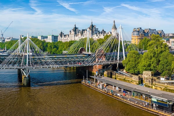 Panoramic aerial view of central London featuring the River Thames, Hungerford Bridge, Charing Cross Station, and iconic landmarks on a sunny day