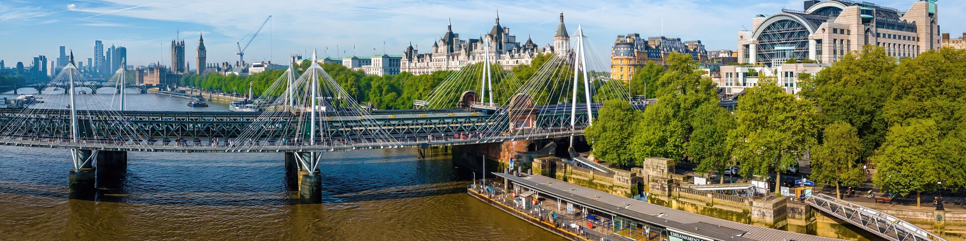 Panoramic aerial view of central London featuring the River Thames, Hungerford Bridge, Charing Cross Station, and iconic landmarks on a sunny day
