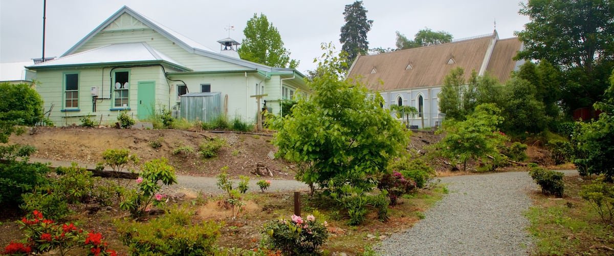 A rural landscape with a gravel path, green and white houses, and a variety of shrubs and flowers.