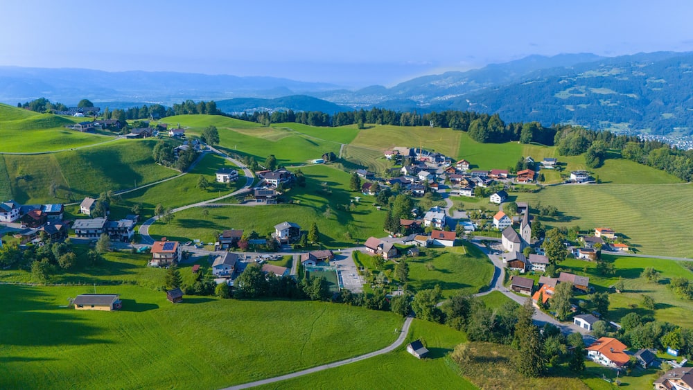 The village of Gurtis near Nenzing and Frastanz in the Walgau Valley, State of Vorarlberg, Austria, Drone Photography