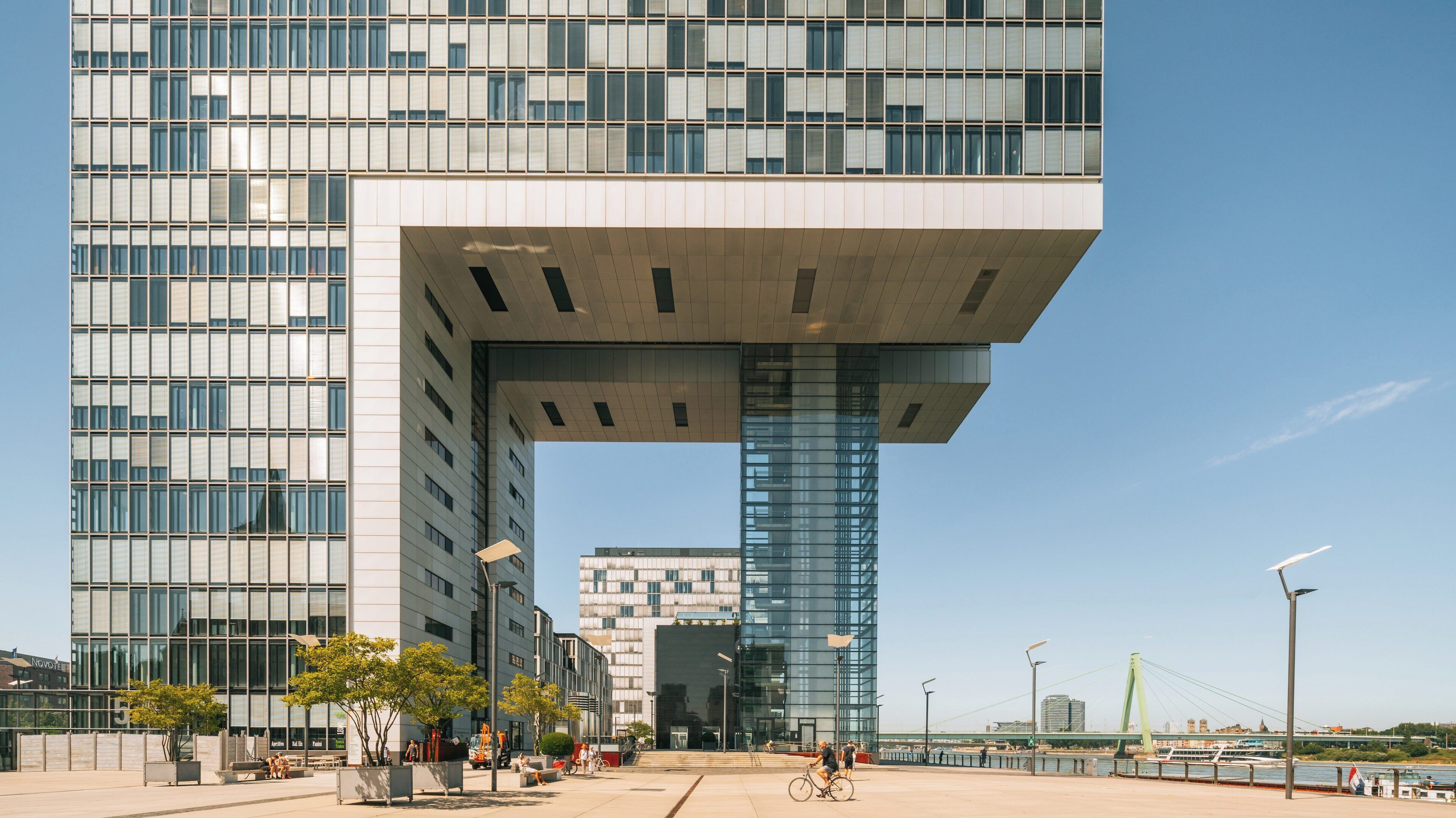 Rheinau Harbour in Altstadt-Süd showcases modern architecture and waterfront activity in Cologne, North Rhine-Westphalia, Germany