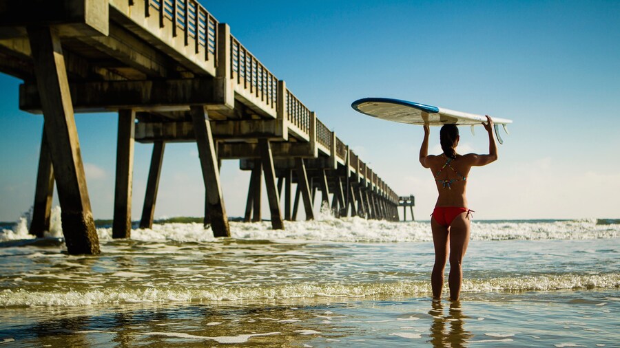 Jacksonville Beach Pier showing general coastal views as well as an individual femail