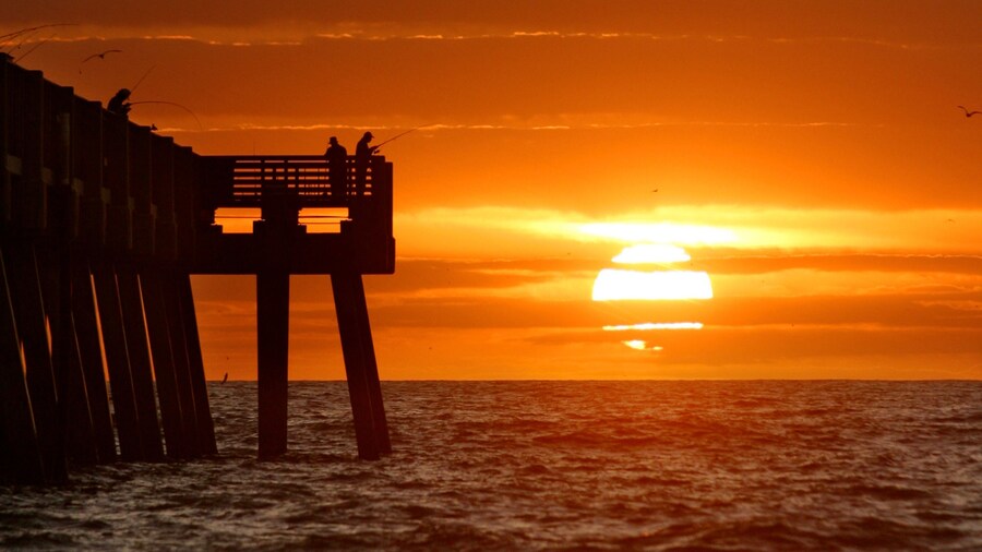 Jacksonville Beach Pier which includes general coastal views, fishing and a sunset