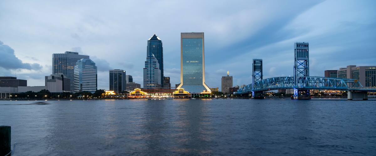 Blue Color Dominates this View of Downtown City Skyline Jacksonville Florida
