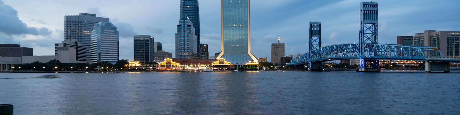 Blue Color Dominates this View of Downtown City Skyline Jacksonville Florida
