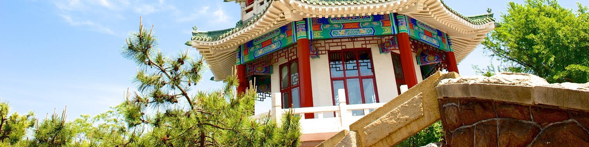 A multi-tiered pagoda with colorful decorations and traditional architecture.
