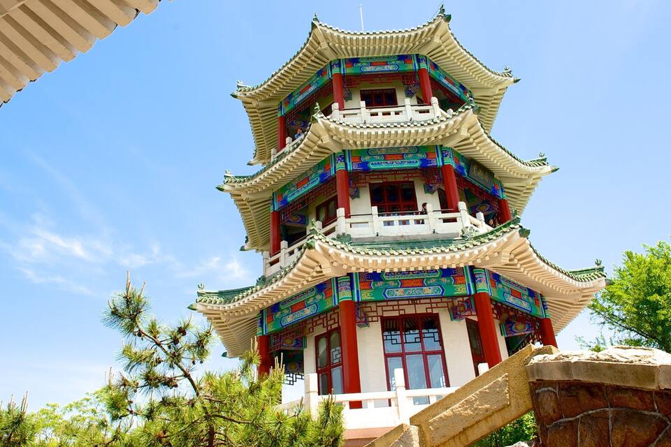 A multi-tiered pagoda with colorful decorations and traditional architecture.