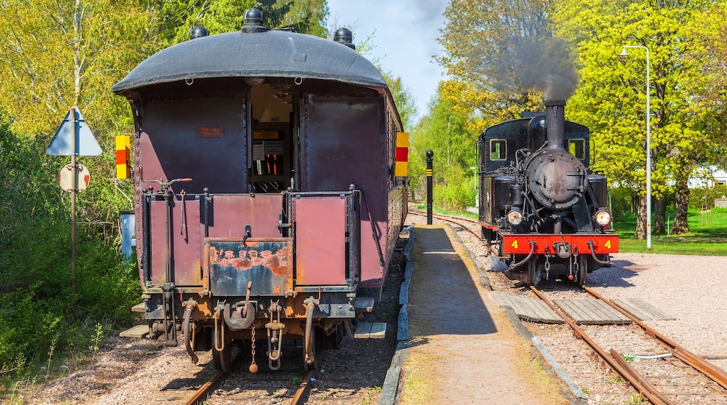 Railway station with a steam locomotive and passenger carriages