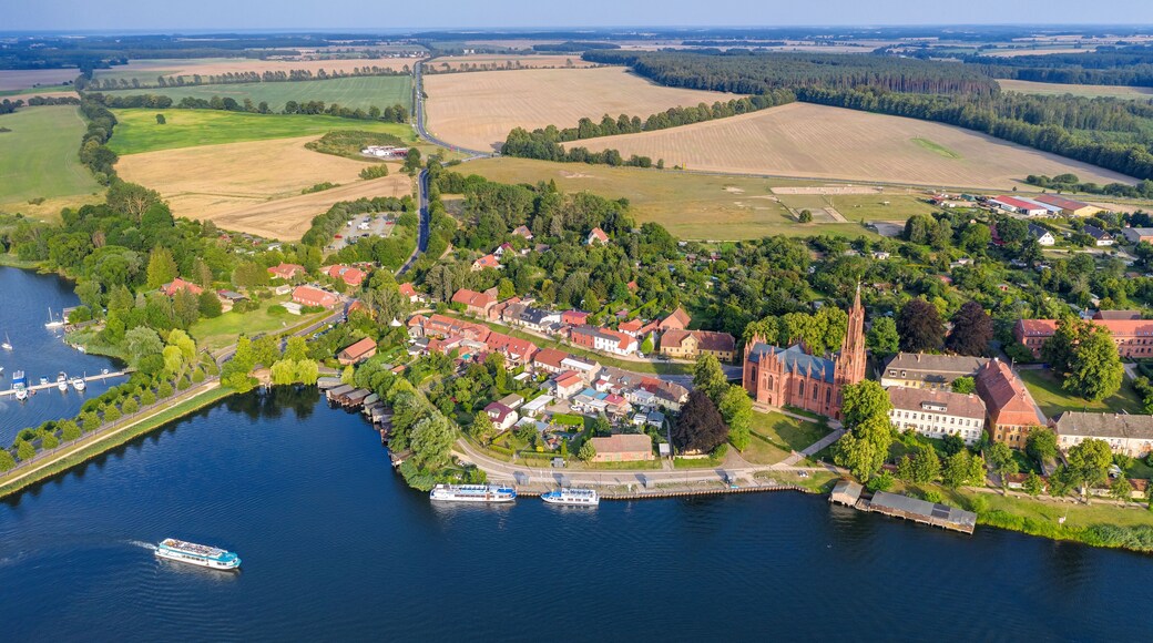 Aerial panoramic view of the beautiful town of Malchow in the Mecklenburg Lake District, Germany