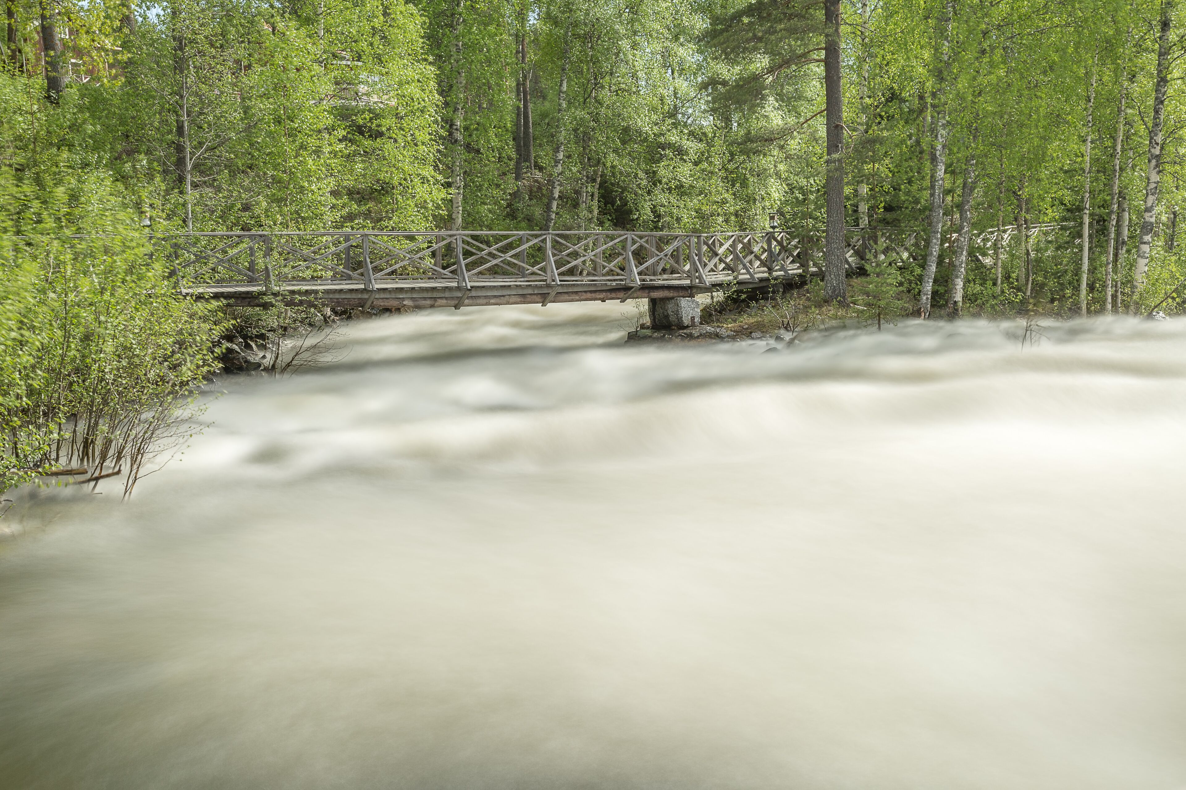 A wooden bridge over a fast-flowing river surrounded by dense green forest.