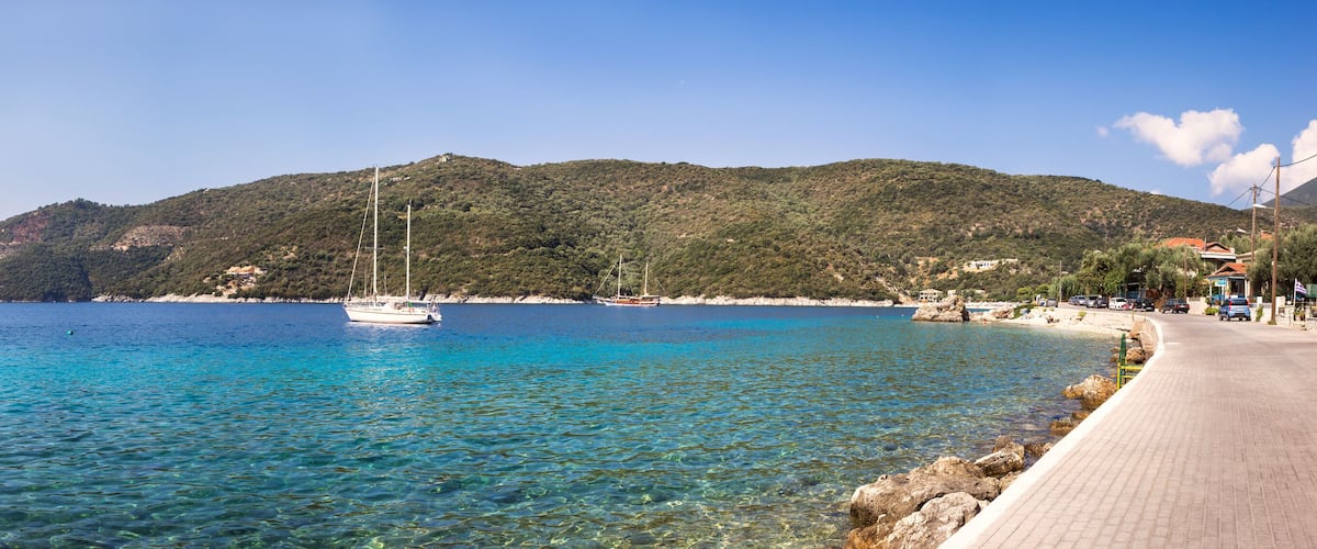 Panoramic photo of Poros bay and Mikros Gialos beach on Lefkada island, Greece