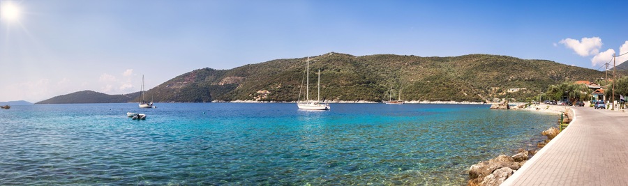 Panoramic photo of Poros bay and Mikros Gialos beach on Lefkada island, Greece