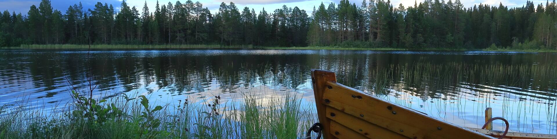 The tip or top of one old vintage wooden boat next to a Swedish lake. Summer evening. Nice blue sky and some clouds. Jämtland, Sweden, Scandinavia, Europe.