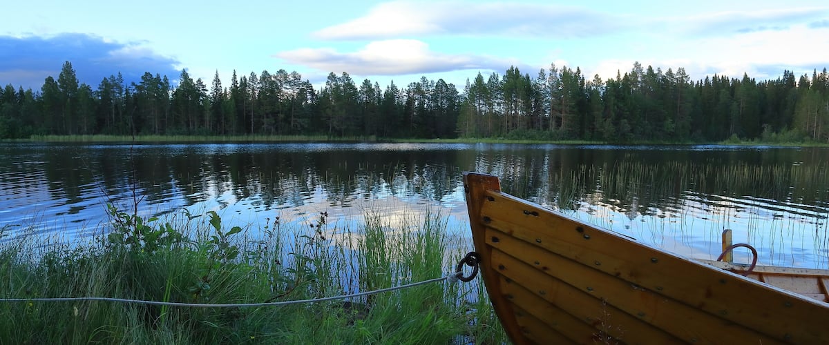 A wooden boat on a calm lake surrounded by dense forest.