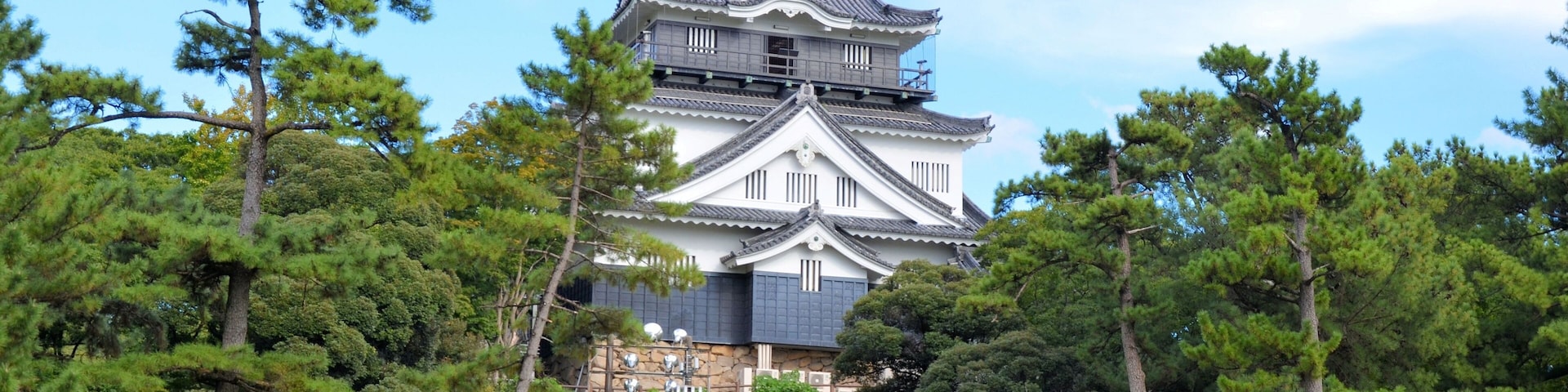 A traditional Japanese castle surrounded by dense forest.
