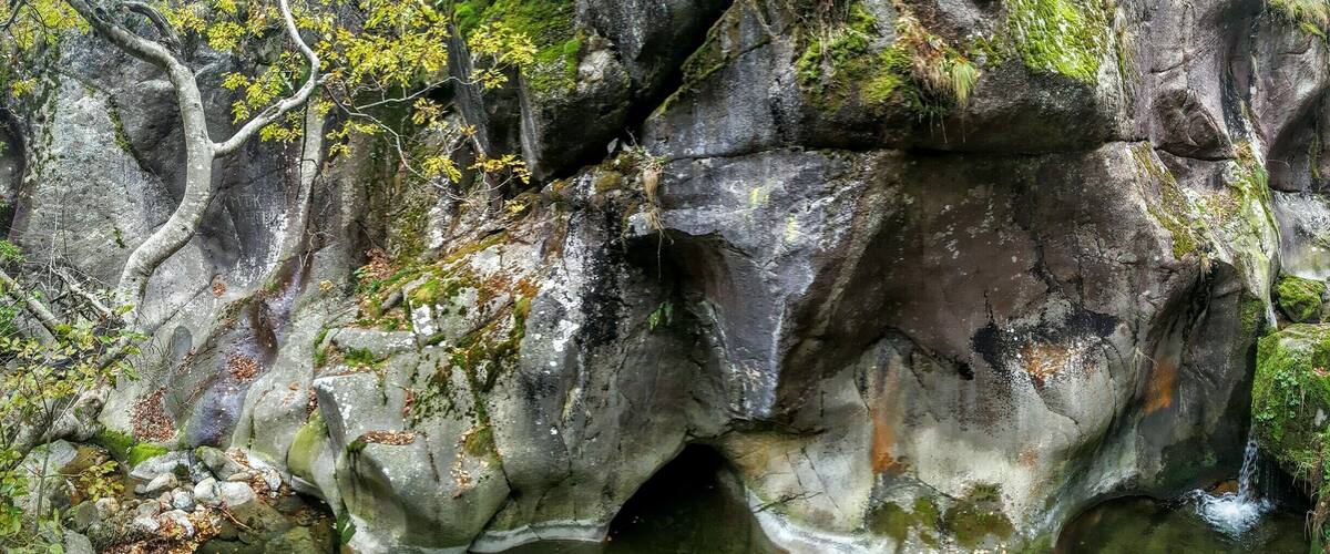 A rocky cliff with moss and a small waterfall.
