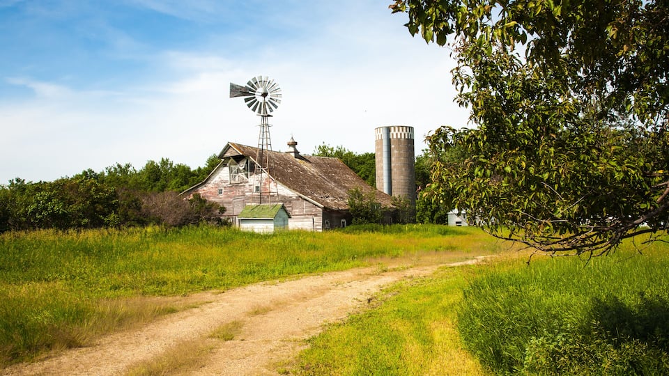 Killdeer, North Dakota; A barn on prarie grass land in eastern North Dakota.
