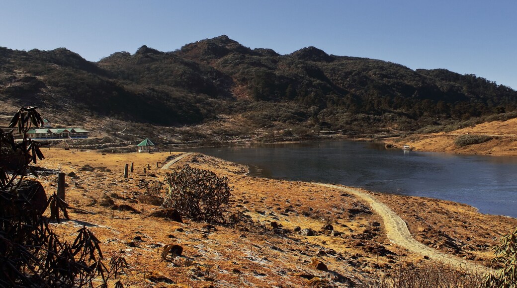 scenic alpine valley and PT Tso or penga teng tso lake surrounded by himalaya mountains, famous tourist destination of tawang in arunachal pradesh, north east india
