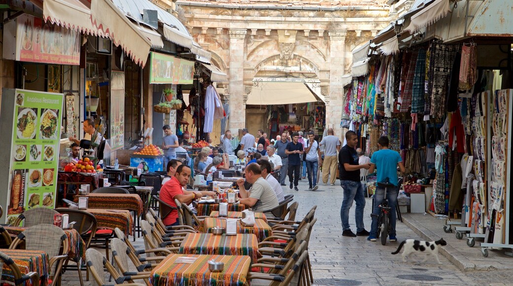 Mahane Yehuda Market featuring street scenes, outdoor eating and markets