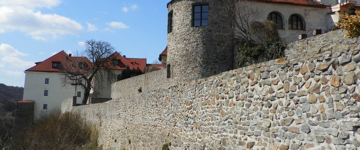 A stone wall with a tower and buildings with red roofs.