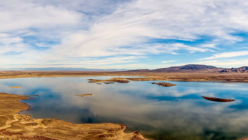 Aerial panoramic view of Lake Lahontan Reservoir located on Highway 50 near Silver Springs east of Reno Nevada during a drought.