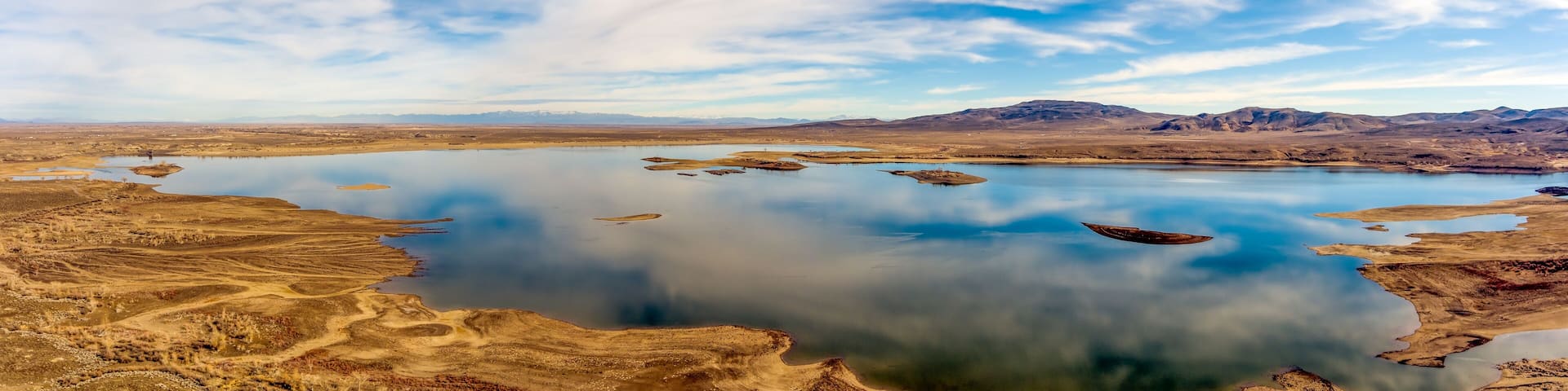 Aerial panoramic view of Lake Lahontan Reservoir located on Highway 50 near Silver Springs east of Reno Nevada during a drought.