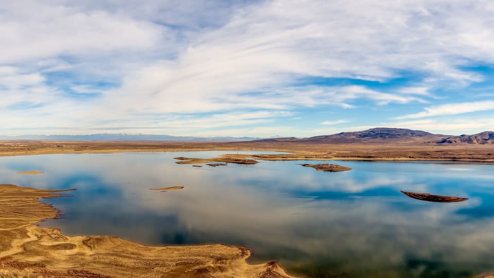 Aerial panoramic view of Lake Lahontan Reservoir located on Highway 50 near Silver Springs east of Reno Nevada during a drought.
