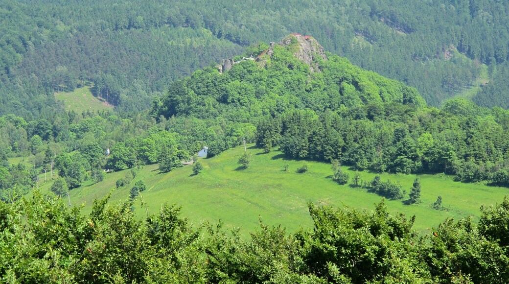 View from hill Jedlová towards the ruins of the Tolštejn Castle, landscape park Lužické hory in Děčín District
