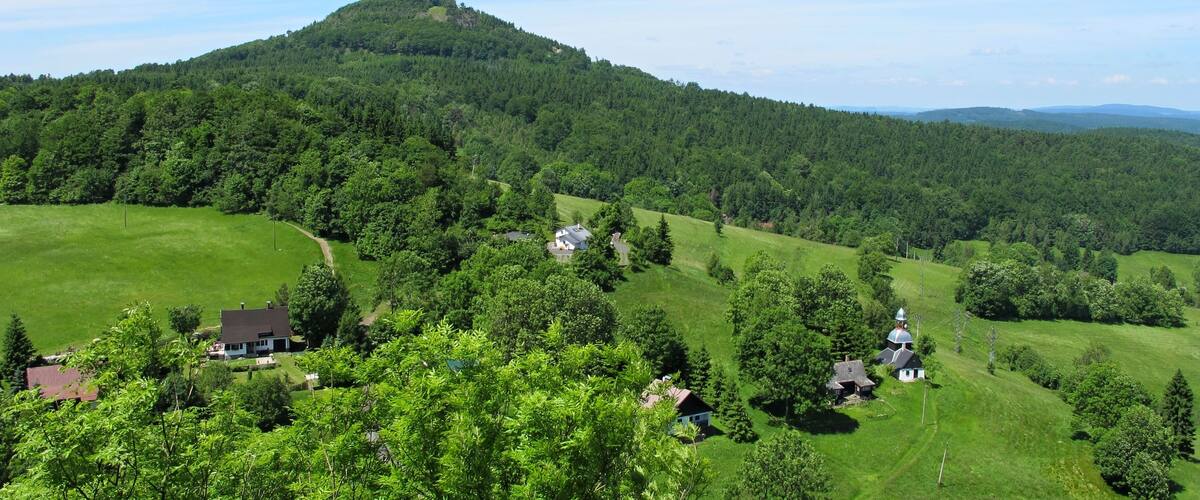 View from ruins of the Tolštejn Castle towards the hill Jedlová, landscape park Lužické hory in Děčín District