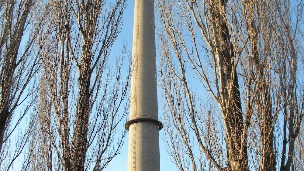 A tall chimney with a red and white top, surrounded by leafless trees.