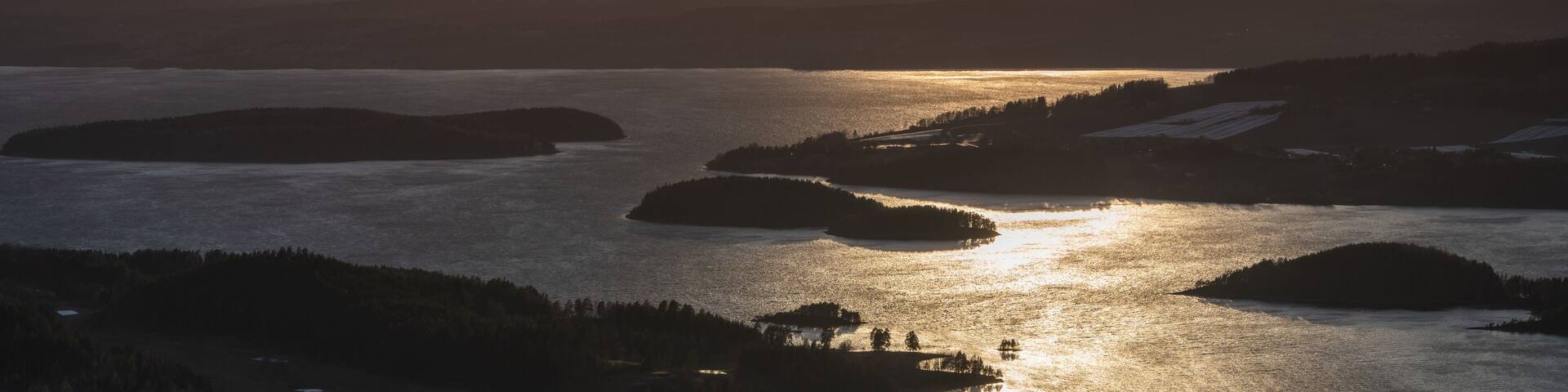 Steinsfjorden, a branch of Lake Tyrifjorden located in Buskerud, Norway. View from Kongens Utsikt (Royal View) at Krokkleiva