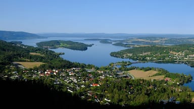 A lake surrounded by forested hills and a small village.