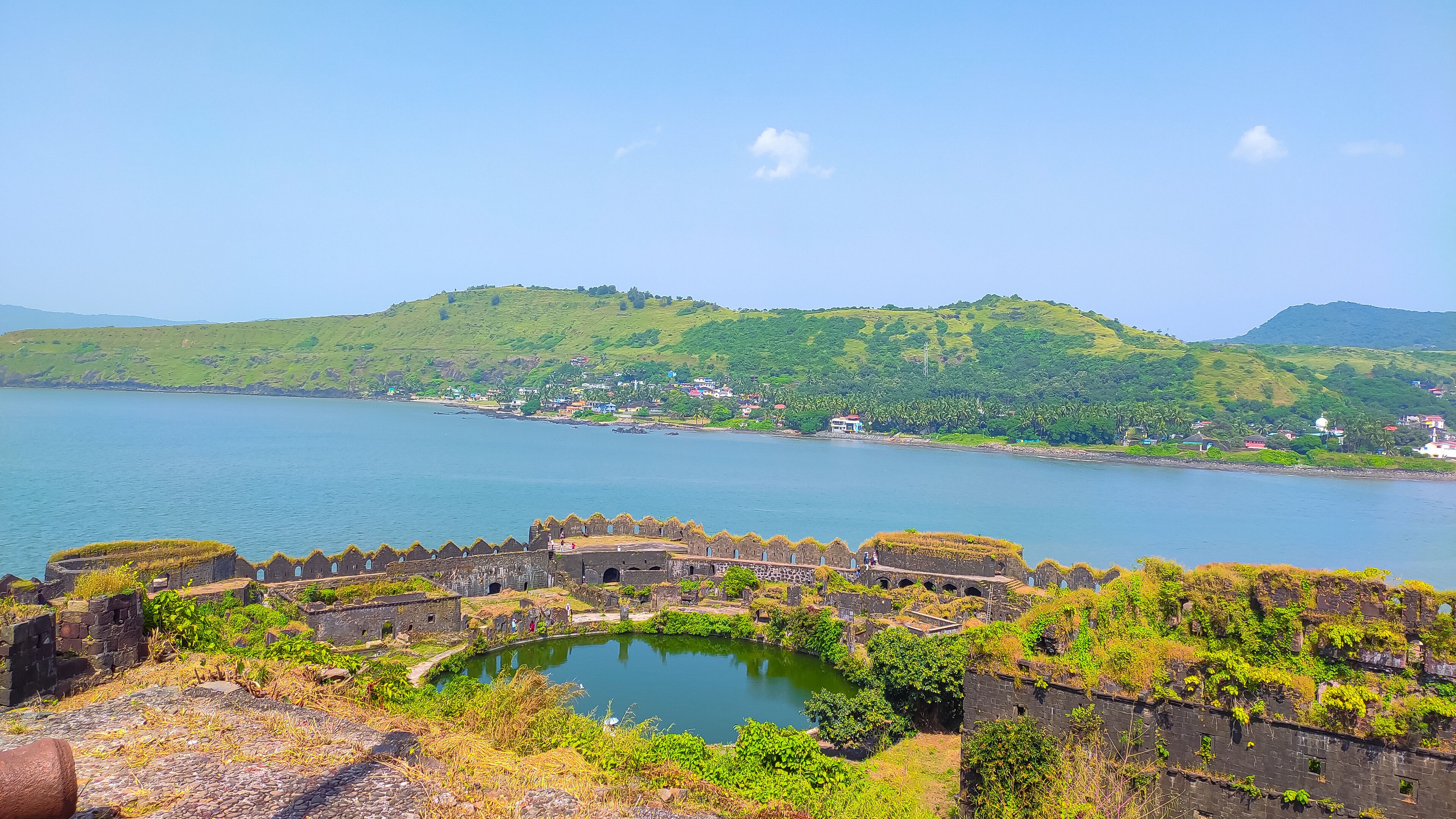 beautiful view in the east direction from the top of the janjira fort in murud in maharashtra in india.