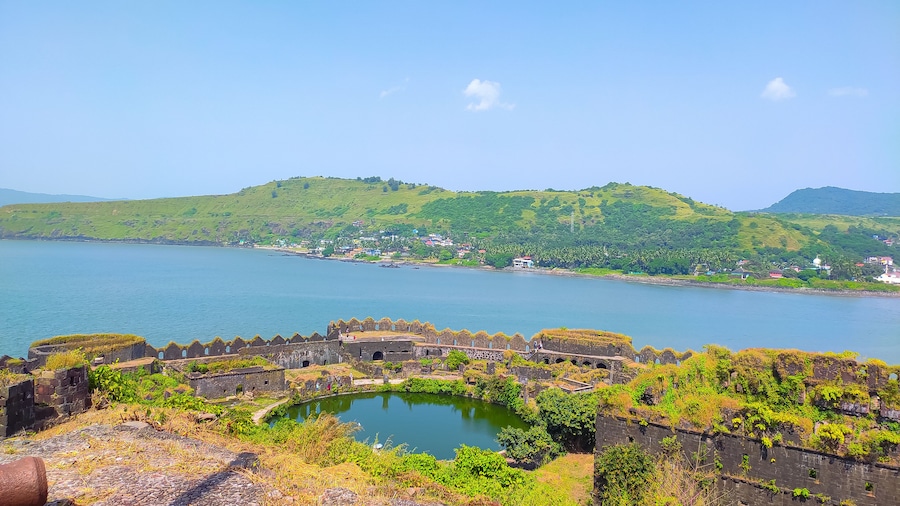 beautiful view in the east direction from the top of the janjira fort in murud in maharashtra in india.