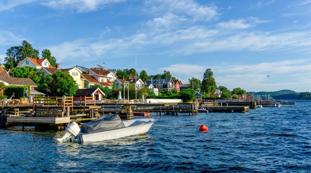 Idyllic Son Waterfront Landscape in Norway - Wooden Houses and Boats on Oslofjord