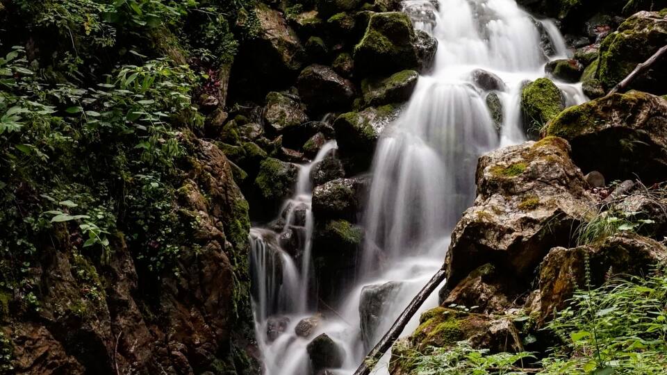 A cascading waterfall surrounded by lush greenery and moss-covered rocks.