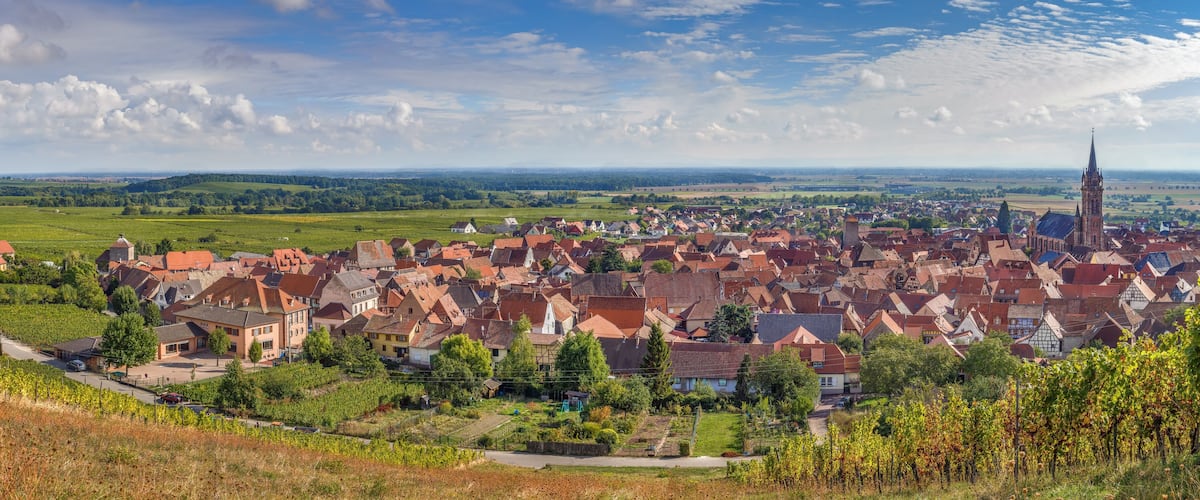 A town with red-roofed houses, a prominent church tower, and vineyards.