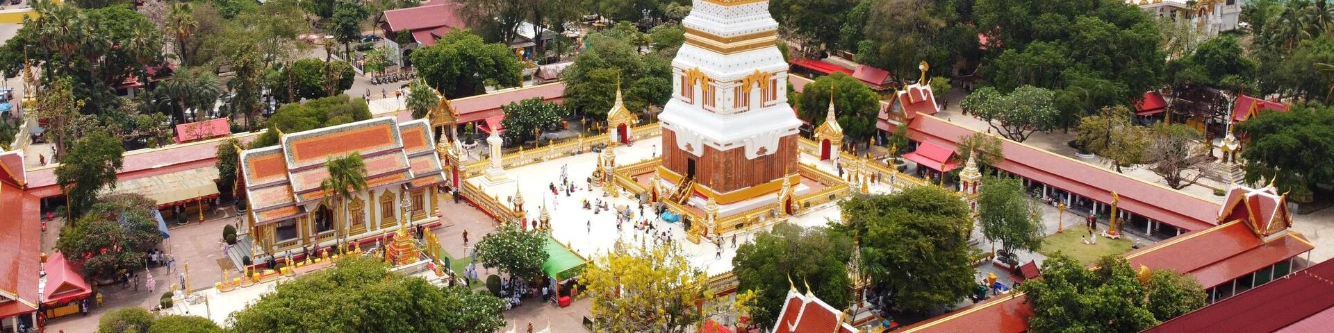 High angle view of Wat Phra That Phanom in Nakhon Phanom Province, northeastern Thailand. A popular pilgrimage destination for those born in the year of the Monkey.