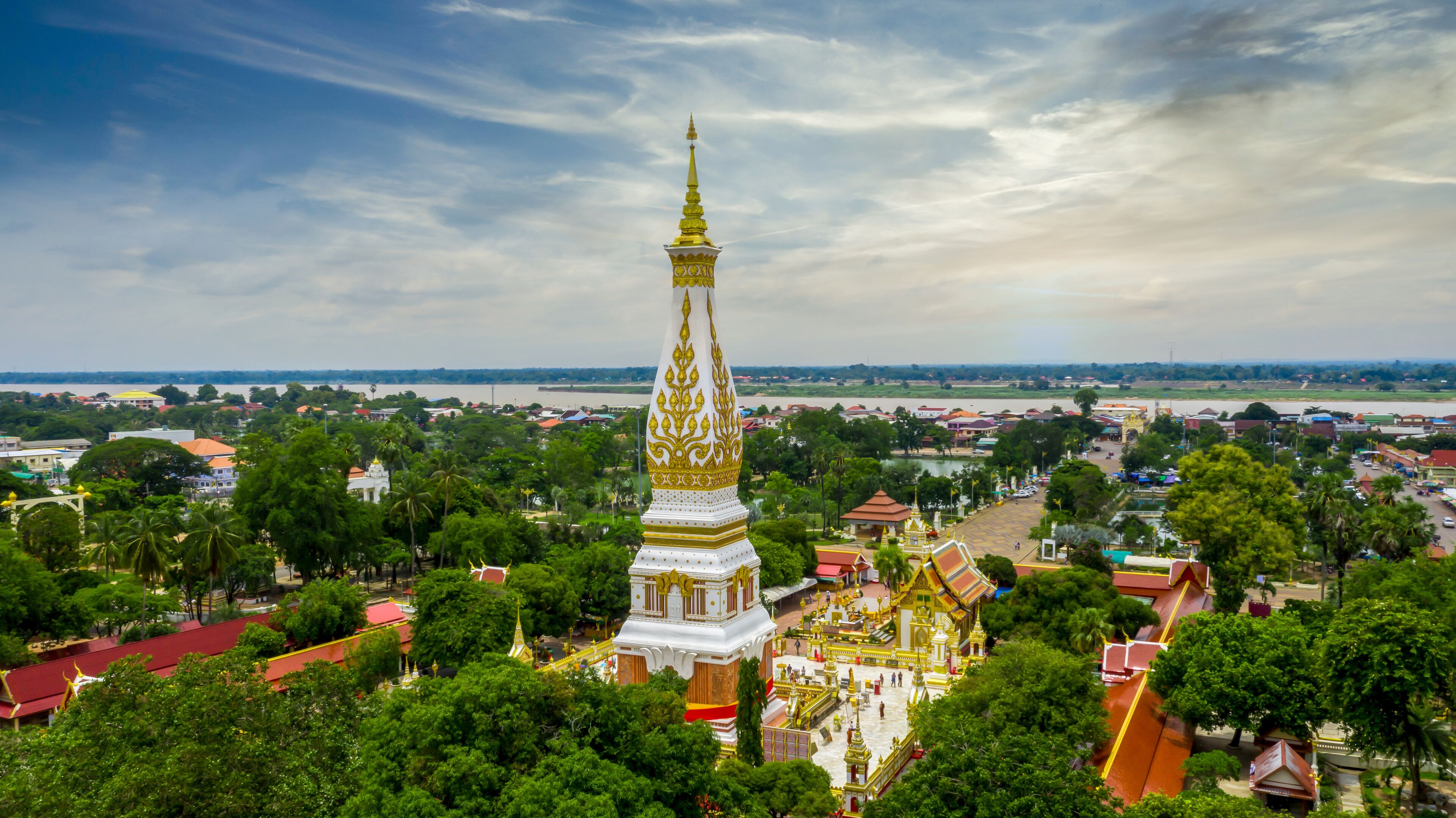Aerial view Wat Phra That Phanom temple, Nakhon Phanom Province, Thailand.