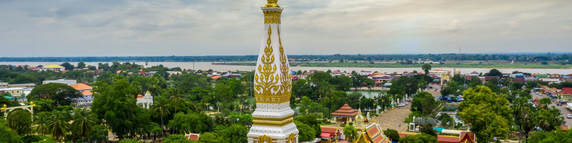 Aerial view Wat Phra That Phanom temple, Nakhon Phanom Province, Thailand.