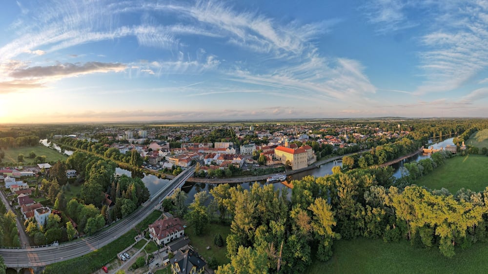 Podebrady historical city and Castle at Labe river,Chateau Poděbrady (Zámek Poděbrady) Czech Republic, scenic aerial landscape panorama view
