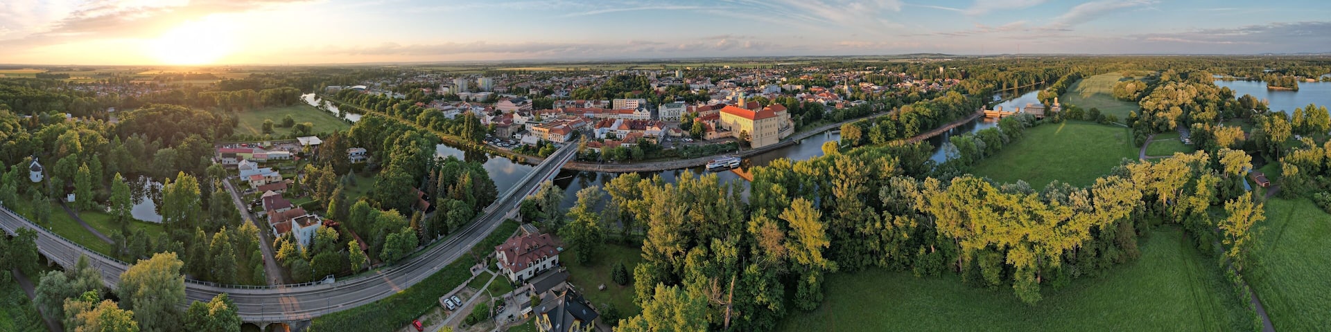 Podebrady historical city and Castle at Labe river,Chateau Poděbrady (Zámek Poděbrady) Czech Republic, scenic aerial landscape panorama view