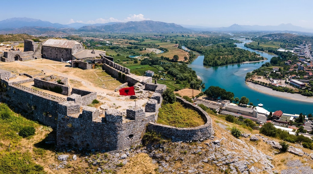 Aerial view of the ruins of the Rozafa Castle located in the city of Shkoder in Albania