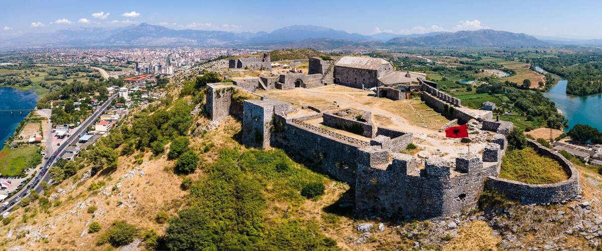Aerial view of the ruins of the Rozafa Castle located in the city of Shkoder in Albania