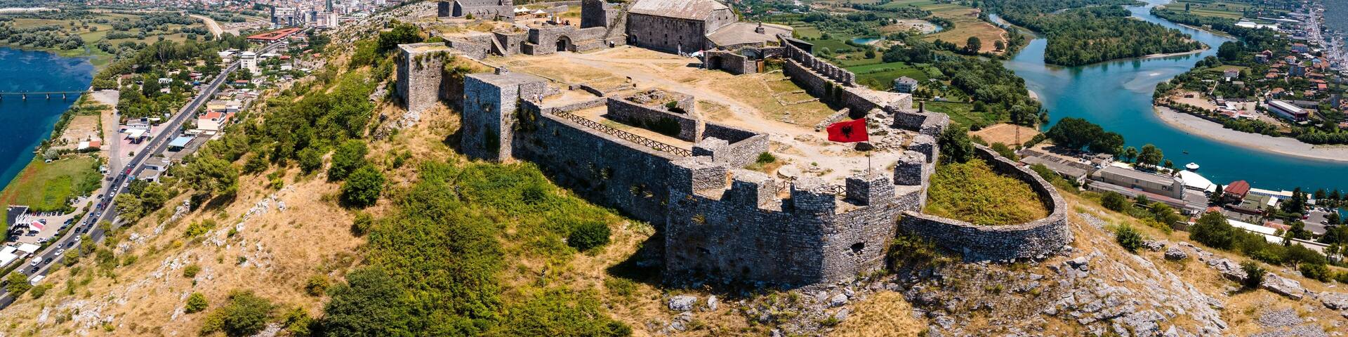 Aerial view of the ruins of the Rozafa Castle located in the city of Shkoder in Albania