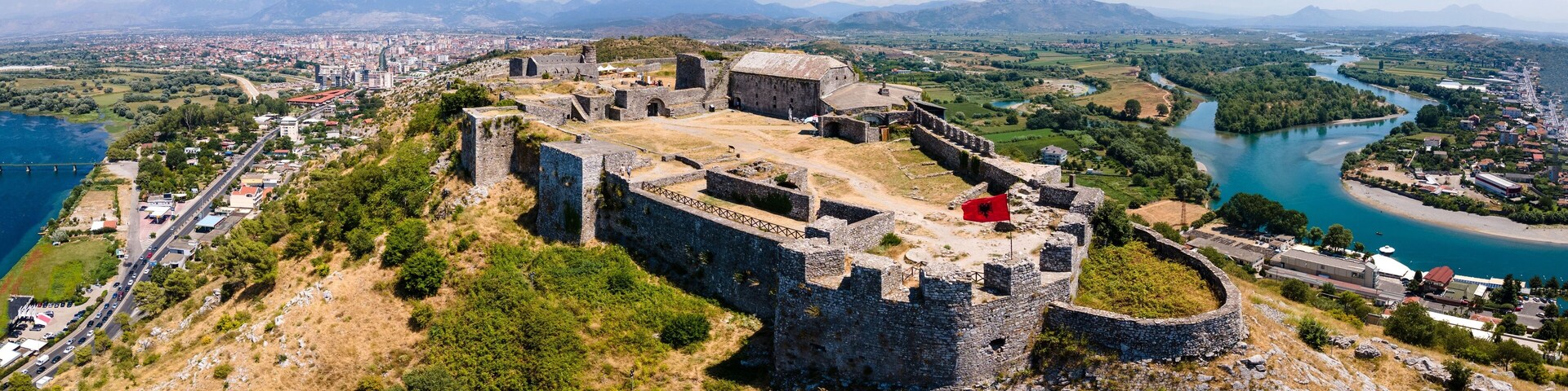Aerial view of the ruins of the Rozafa Castle located in the city of Shkoder in Albania
