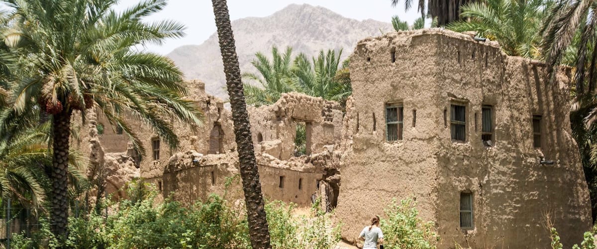 A desert landscape with palm trees and ancient ruins.