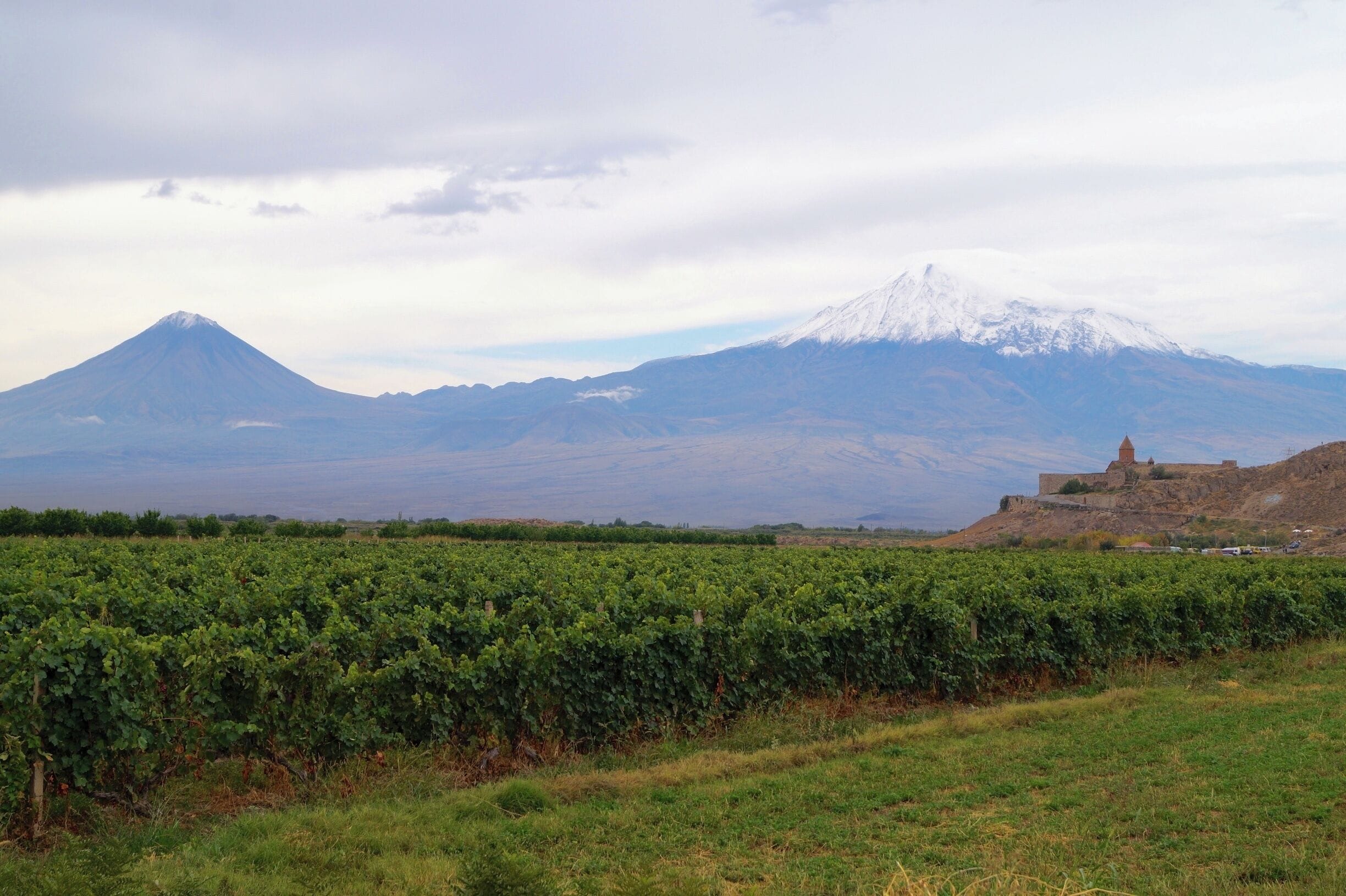 View of Mount Ararat and Little Ararat from Khor Virap at the Turkish-Armenian border.