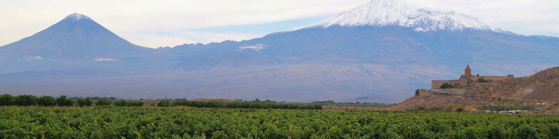 View of Mount Ararat and Little Ararat from Khor Virap at the Turkish-Armenian border.